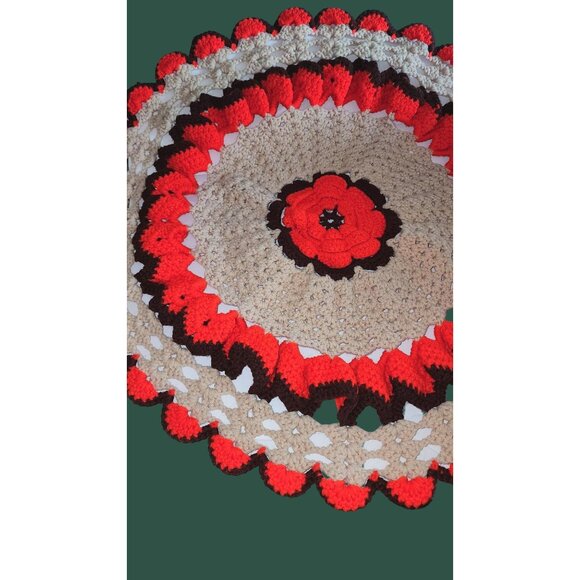 HUGE Vintage Handmade Crochet Doily 24" Round Retro Decor Orange/Brown/Tan Kitsc - Picture 9 of 10